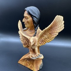 Zeckos Decorative Faux Carved Wood Look Statue Native American Man & Eagle