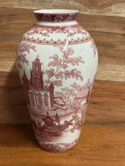 Burton & Burton Red Transferware Victorian Porcelain China Castle 6 3/4″ Vase