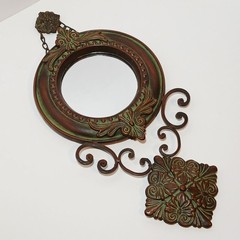 Metal Baroque Style Round Wall Mirror Green Patina Ornate Regency 18” Long