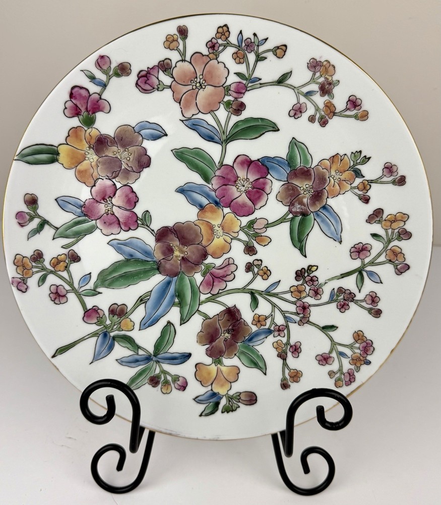 Vtg. Chinese Canton Style Porcelain Rose Floral Decorative Plate 10-1/2 in.