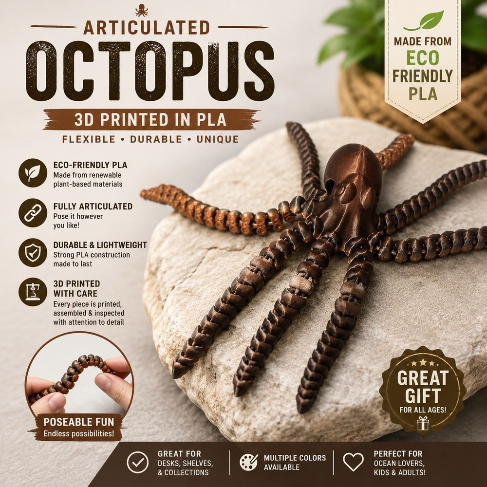 3D Printed Articulated Octopus Figurine, Brown PLA, Free-Standing, Poseable