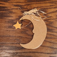 Crescent Moon Face & Star Yellow Light Wooden Hanging Wall Decor Celestial Space