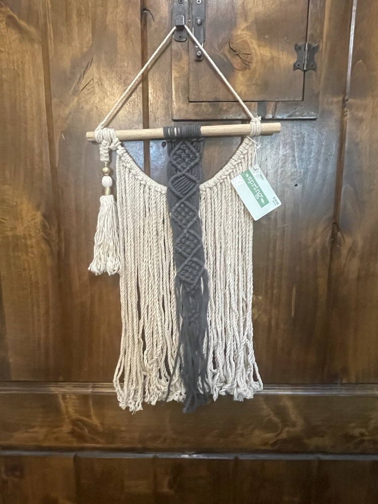 MACRAME WALL DECOR CHIC HANGING TAPESTRY BOHO IVORY BLUE 24″L WOVEN ALL DECOR