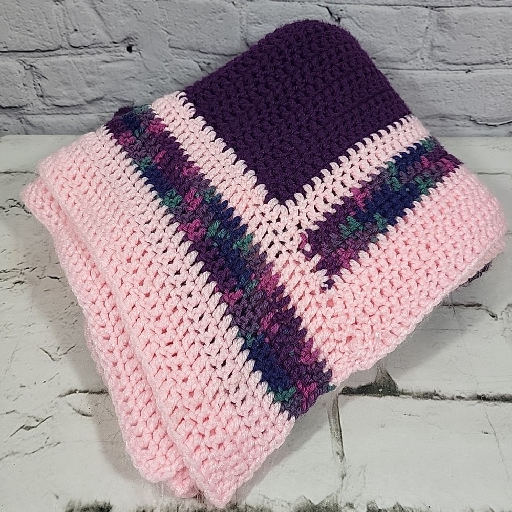 Vintage Handmade Afghan Blanket Pink Purple Striped Grannycore Throw 44″ X 50″