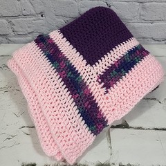 Vintage Handmade Afghan Blanket Pink Purple Striped Grannycore Throw 44″ X 50″