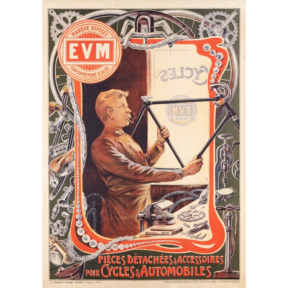 Original Vintage Bicycle Poster, Cycles E.V.M. by Francisco Tamagno
