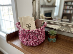 Handmade Crochet Basket Burgundy, Pink, White Multi-Use Storage With Handles