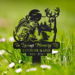 Hunting Fishing Memorial Stake, Personalized Deer Angler Grave Marker Sign