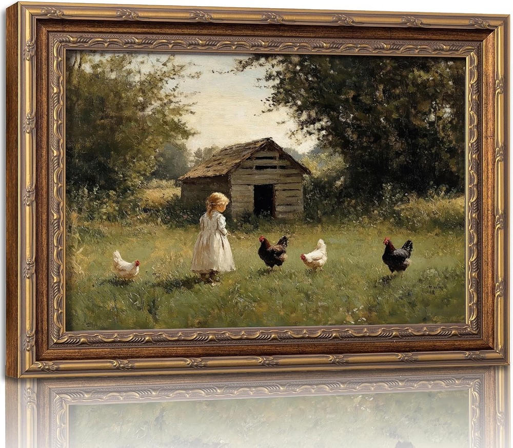 Vintage Gold Framed Farmhouse Chicken Wall Art Retro Country Farm Girl and Ch…