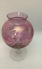 Round Light Pink Cranberry Glass Pedestal Rose Bowl Vase Cut to Clear Grapes