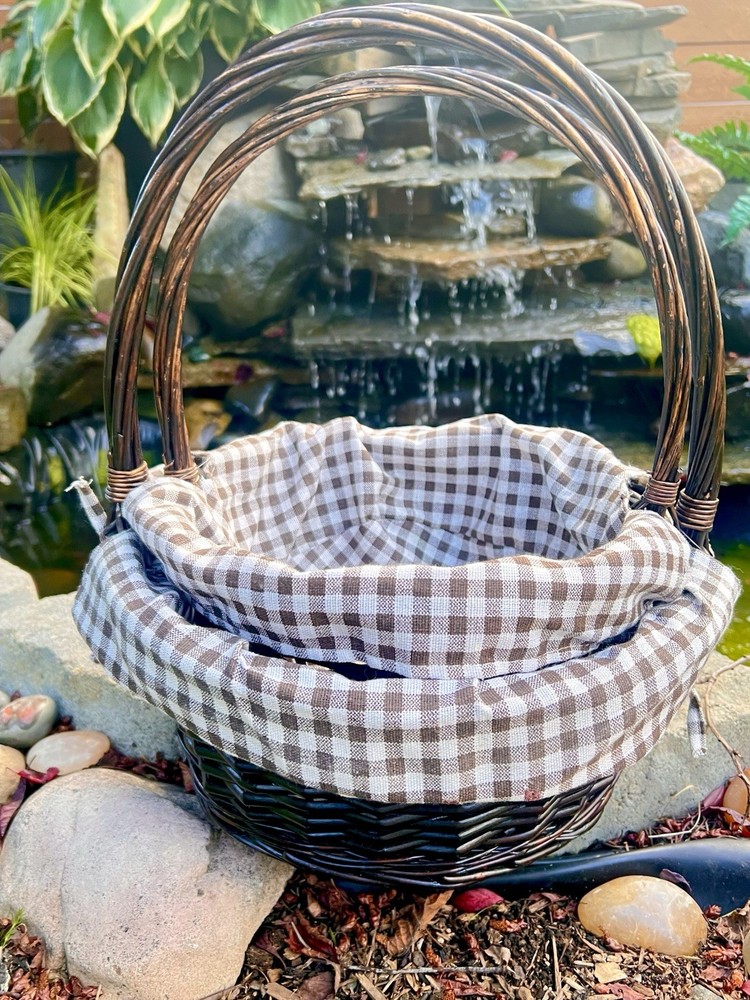 New Nested Wicker Basket Set Brown Gingham Liners Farmhouse Storage Decor