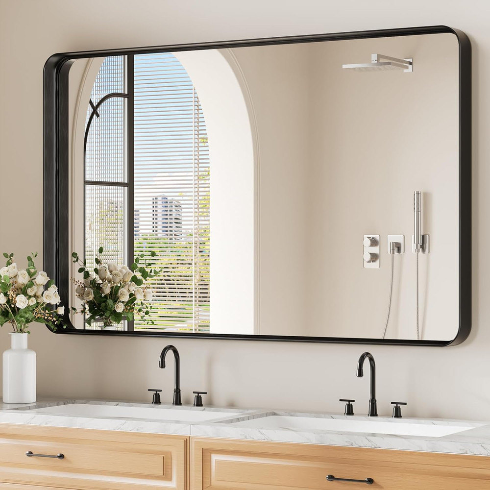 Matte Black 30×48 Inch Rounded Rectangle Wall Mirror for Bathroom & Living Room