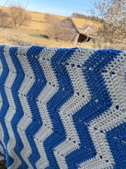Vintage 70’s Blue and White Stripe Chevron Acrylic yarn Crochet Afghan