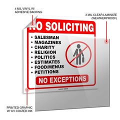 (Set of 4) No Soliciting Sticker Sign 6″ x 6″ – Durable Self Adhesive 4 Mil V…