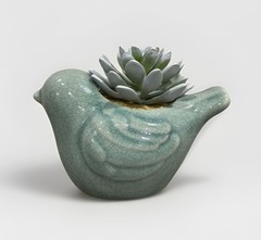 Ceramic Bird Figurine Succulent Planter With Faux Plant & Crackle Glaze Finish
