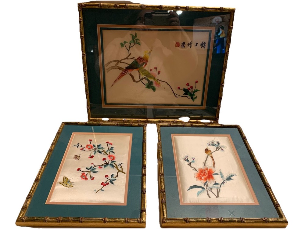 Set of 3 Vintage Chinese Silk Bird & Flower Paintings In Faux Bamboo Frames