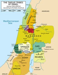 Map of 12 Tribes of Israel fr. 1200 to 1050 Book of Joshua Wall Art Poster Print
