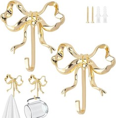Gold Bow Wall Hook, 2Pcs Large Size Coat Hook, Metal Hook Bow Hooks for Coats,