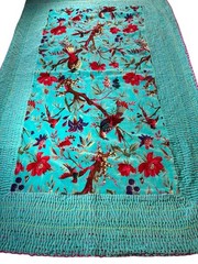 Karma Living Red Bird Teal Velvet Boho Throw Blanket Embroidered Whimsical Boho