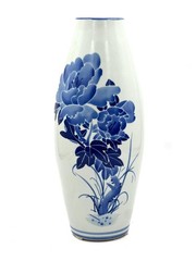 Vintage Blue White Porcelain Floor Vase Hand Painted Floral Asian Decor