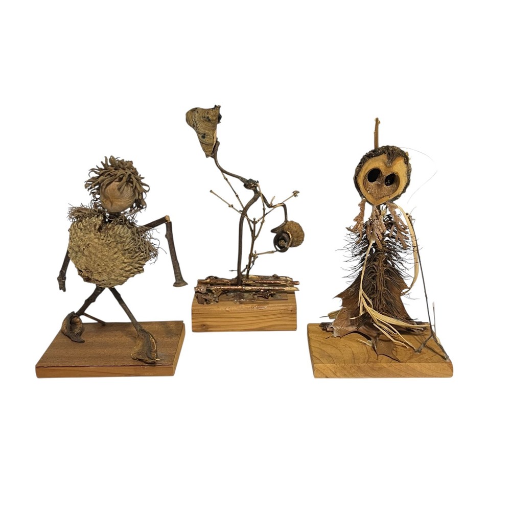 VTG Handmade Folk Art Twig Sculptures Set Wood Base Rustic Nature Figures 3pc
