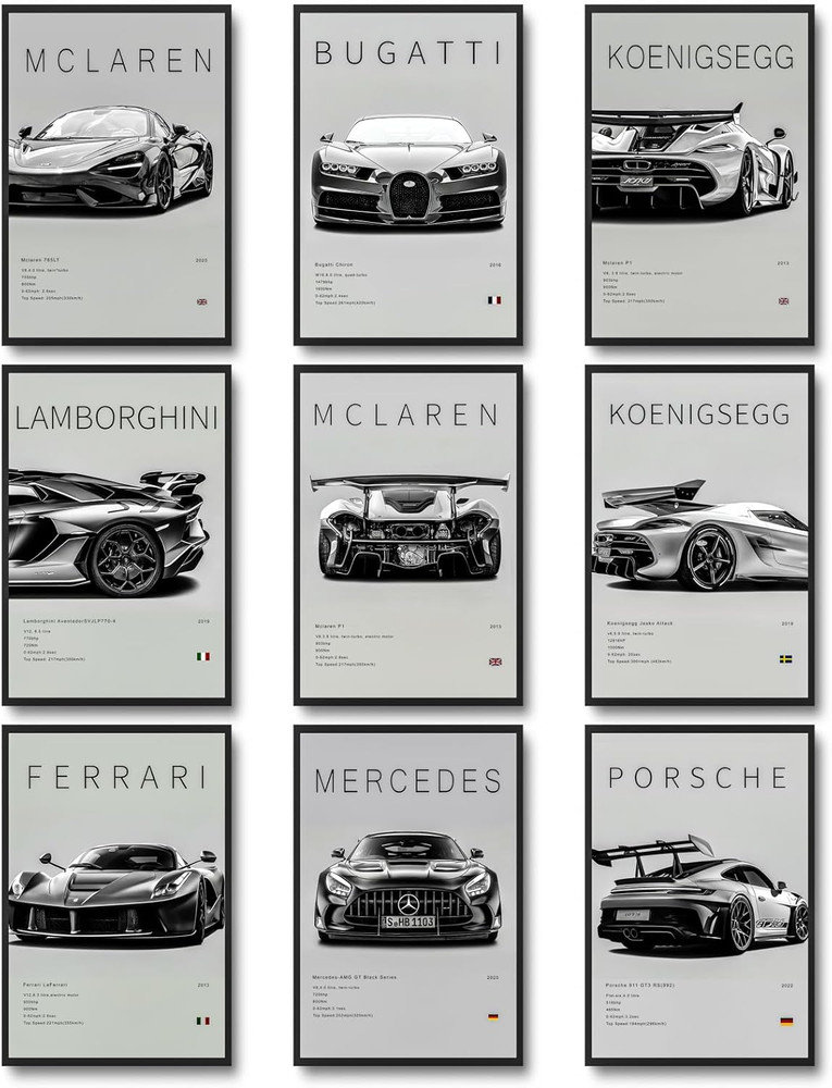 9Pcs Super Car Posters for Boys Room, Racing Car Wall Art for Me…
