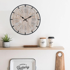 12 Inch Farmhouse Wall Clock Rustic Antique Wood with Metal Circle and Large Eng