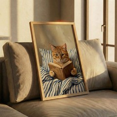 Cat Reading Book Poster Orange Ginger Cat Wall Art Cozy Decor Print