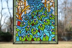 20.5″ x 34.75″ Handcrafted peacock flower stained glass window panel WL22-221