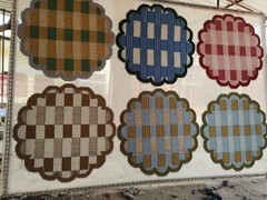 Handmade Checkered Wool Rug Blue Red | Scalloped Geometric Carpet Living Room