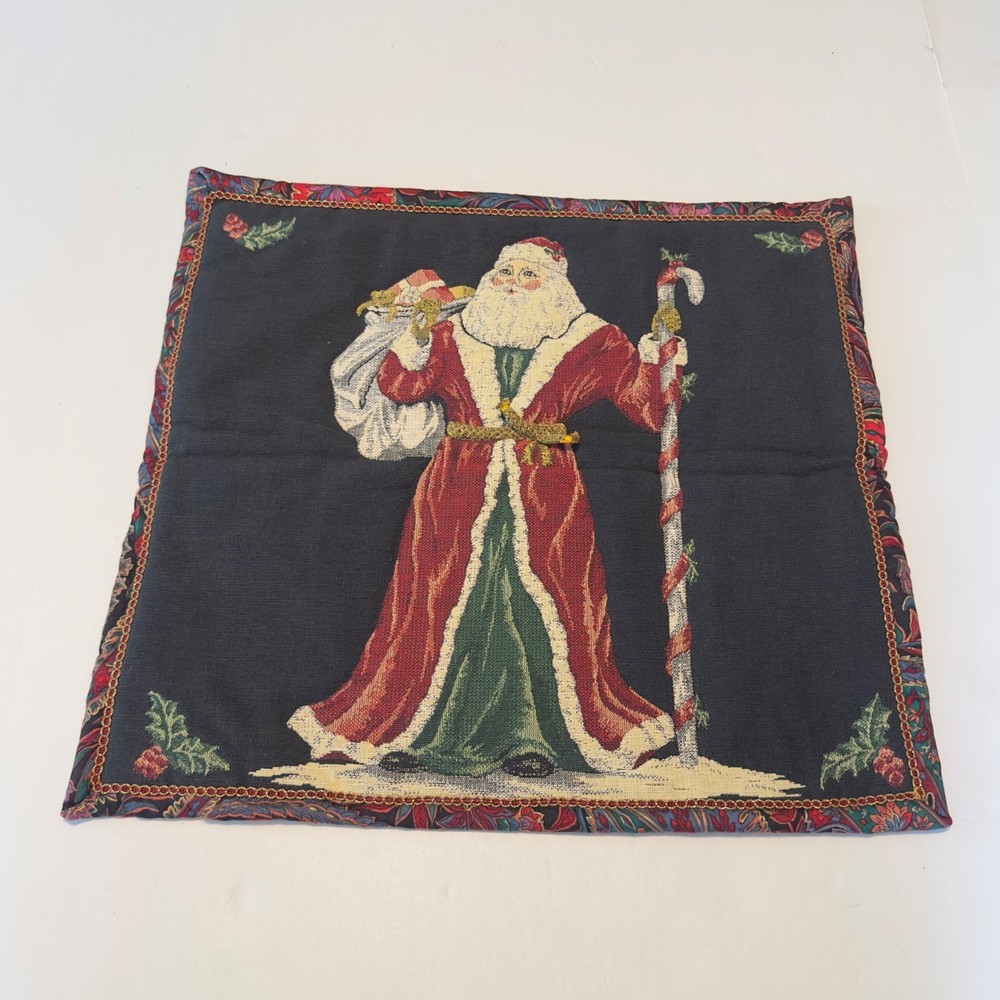Vintage Santa Claus Woven Tapestry Wall Hanging Paisley Border 18.5×17