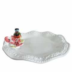Corner Ruby Botanical Collection 3D Floral Bird Ceramic Catchall Dish 9in New