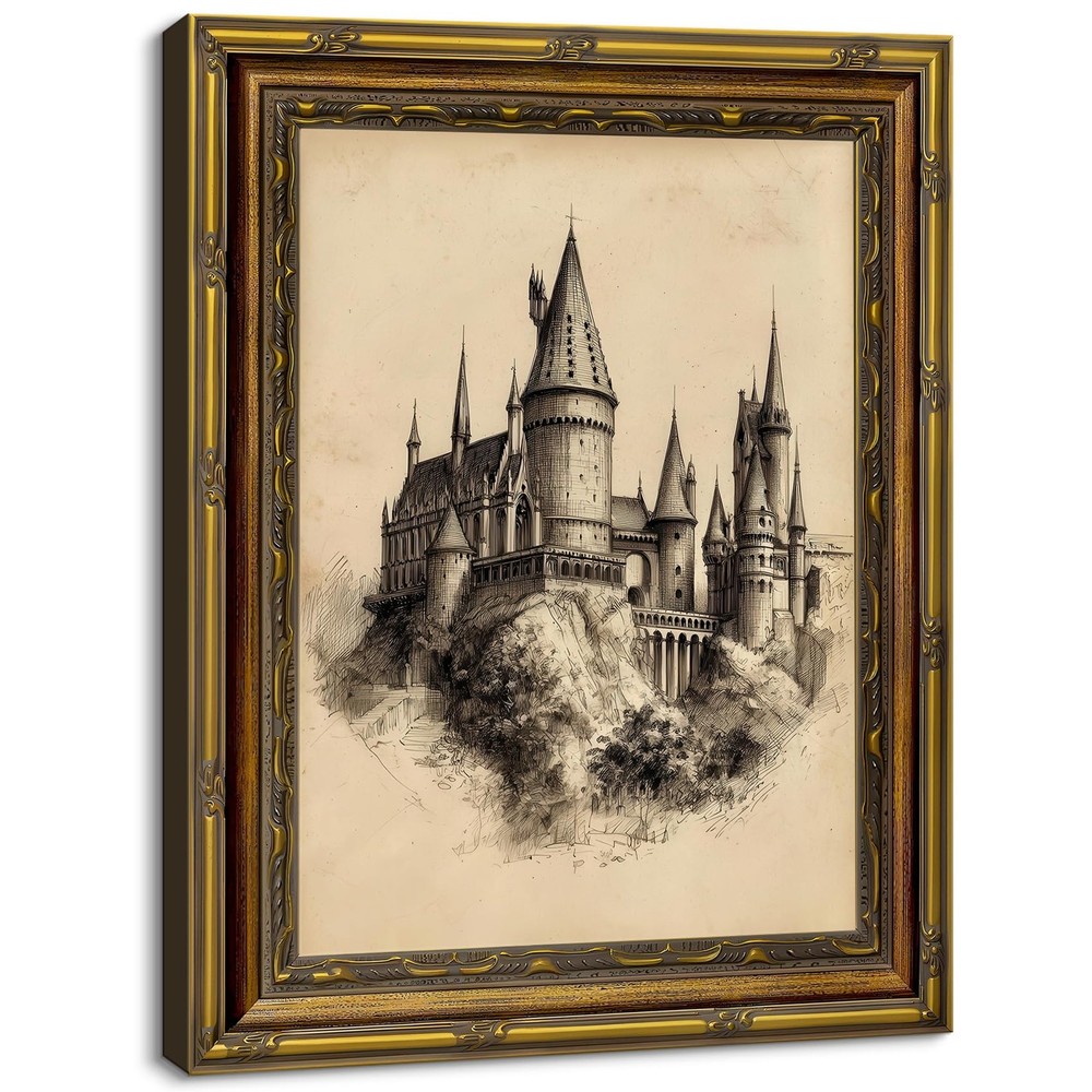 Vintage Gold Framed Wizard Medieval Castle Sketch Wall Art, Cottage Core Farm…