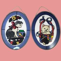 Stained Glass CAT SUN CATCHERS Oval Vintage 7″x5.25″
