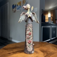 Ganz Rustic Angel Figurine Floral Carvings Folk Art Bark Wood 10.75 In