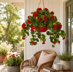 24″ Flowering Geranium Artificial Plant Hanging Basket Home Decor. Retail $88