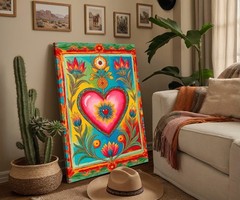 Sacred Heart Mexican Folk Art Canvas Print, Colorful Milagro Style Floral Decor