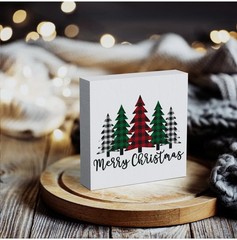 Merry Christmas Plaid Trees Wooden Box Sign Plaque 5x5in White Hollow Back Decor