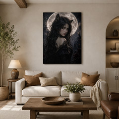 Gothic Cat Girl Canvas Wall Art Dark Fantasy Moon Portrait Vampire Castle Decor