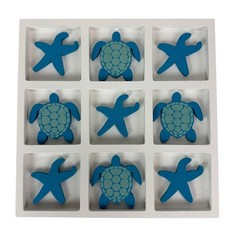 Coastal Sea Turtle Starfish Sculpture Decor Board White Blue Wood 7.75 In
