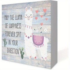 2D Farmhouse Inspirational Wood Box Sign with Whimsical Llama Home & Shelf Decor