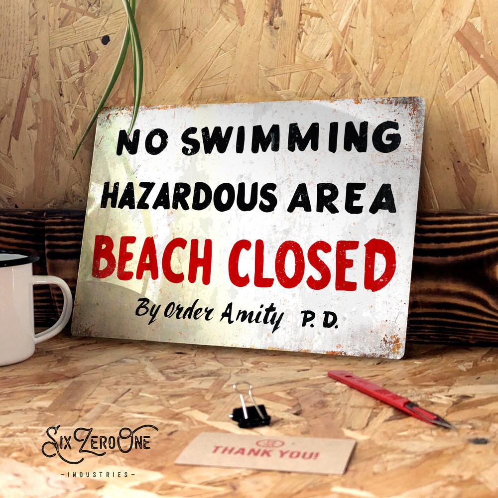 No Swimming Amity PD Metal Sign – Retro Movie Shark Beach Closed Jaws
