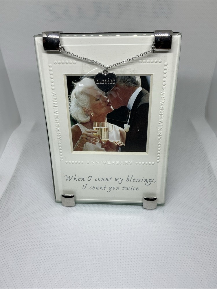 Anniversary 2”x2” Photo Frame With Dangling Heart With The Words “Blessed”