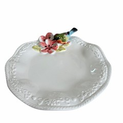 Corner Ruby Botanical Collection 3D Floral Bird Ceramic Catchall Dish 9in New