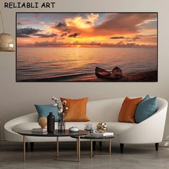 Sea Sunset Boat Landscape Canvas Painting Canvas Wall Art Mural Posters & Prints