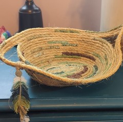 Handmade Oval Straw and Fabric Decorative Basket with Handle, Beige Green Brown