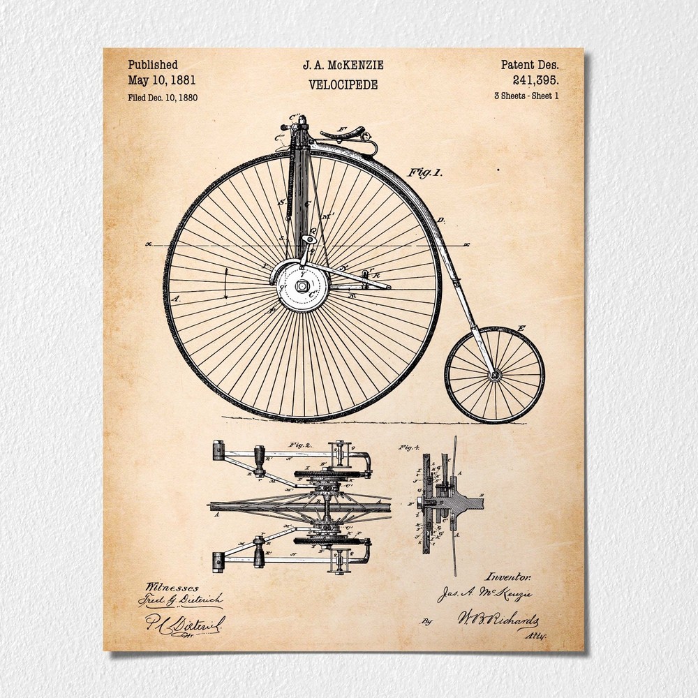 Bicycle Gifts, Velocipede Bike Patent Poster Print,Ready To Hang No Frame Poster