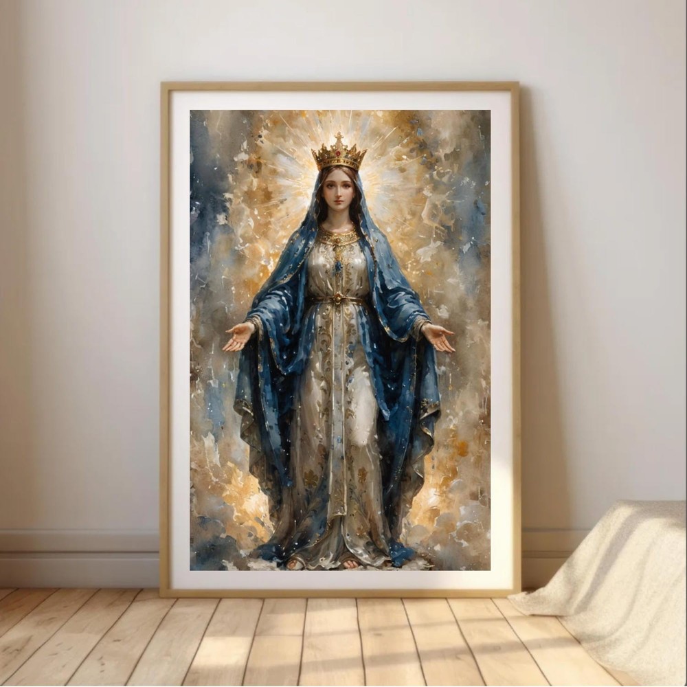 Queen Virgin Mary Print Christian Religious Blessed Mother Wall Art Poster