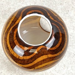 Blown Art Glass Round Fisheye Tiger Stripe Vase 3 Cut to Clear Windows HGT