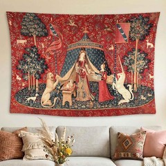 Medieval Tapestry, The Lady and the Unicorn Wall Hanging, Red Vintage Medieva…